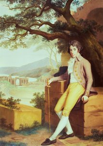 Porträt von Oberst David La Touche von Marcey mit dem Amphitheater von Taormina und dem Ätna im Hintergrund